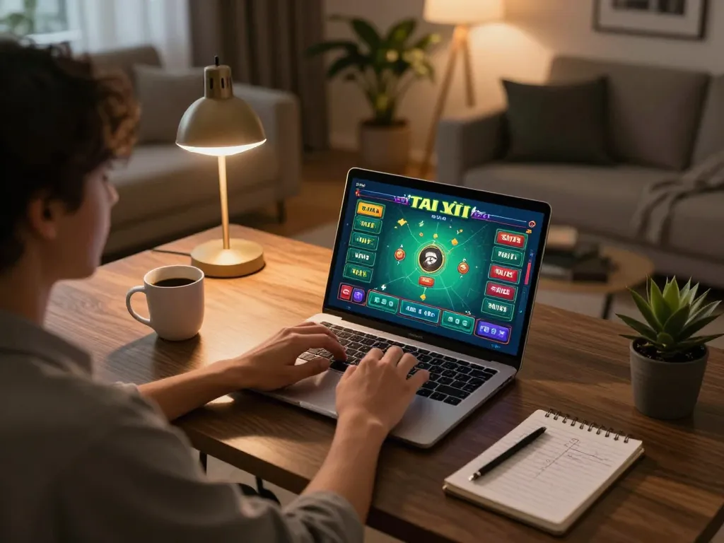 Tài xỉu online gameplay on laptop in a cozy home environment, showcasing modern gaming setup.