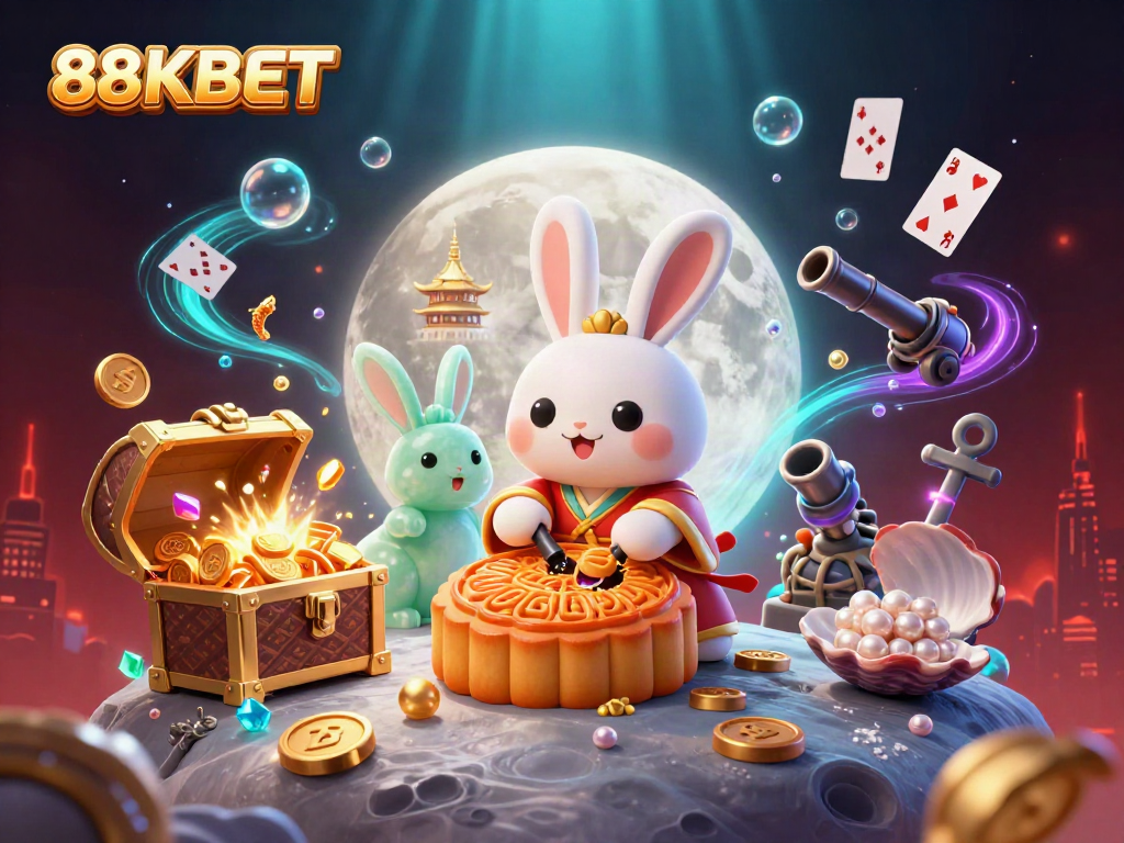 Experience thrilling casino gameplay with 88KBET's cartoon rabbit playing poker on the moon.