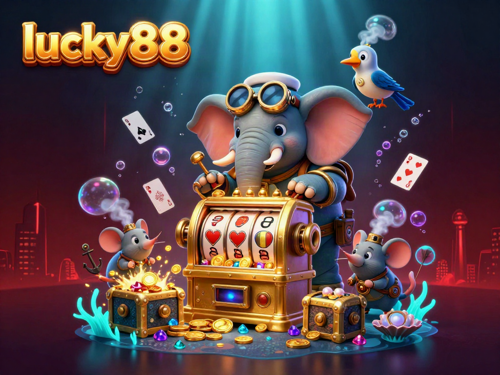 Experience exciting slot action with lucky88 as a steampunk elephant operates a golden slot machine amidst treasure.