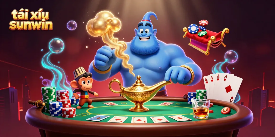 Tài xỉu sunwin showcases a vibrant scene with a powerful genie, poker chips, and dynamic casino elements.