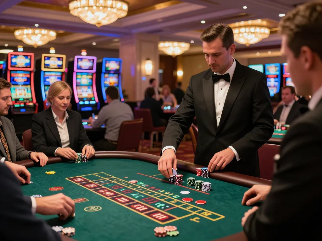 Players strategizing their bets at TR88 casino, vibrant game tables set up with colorful chips.