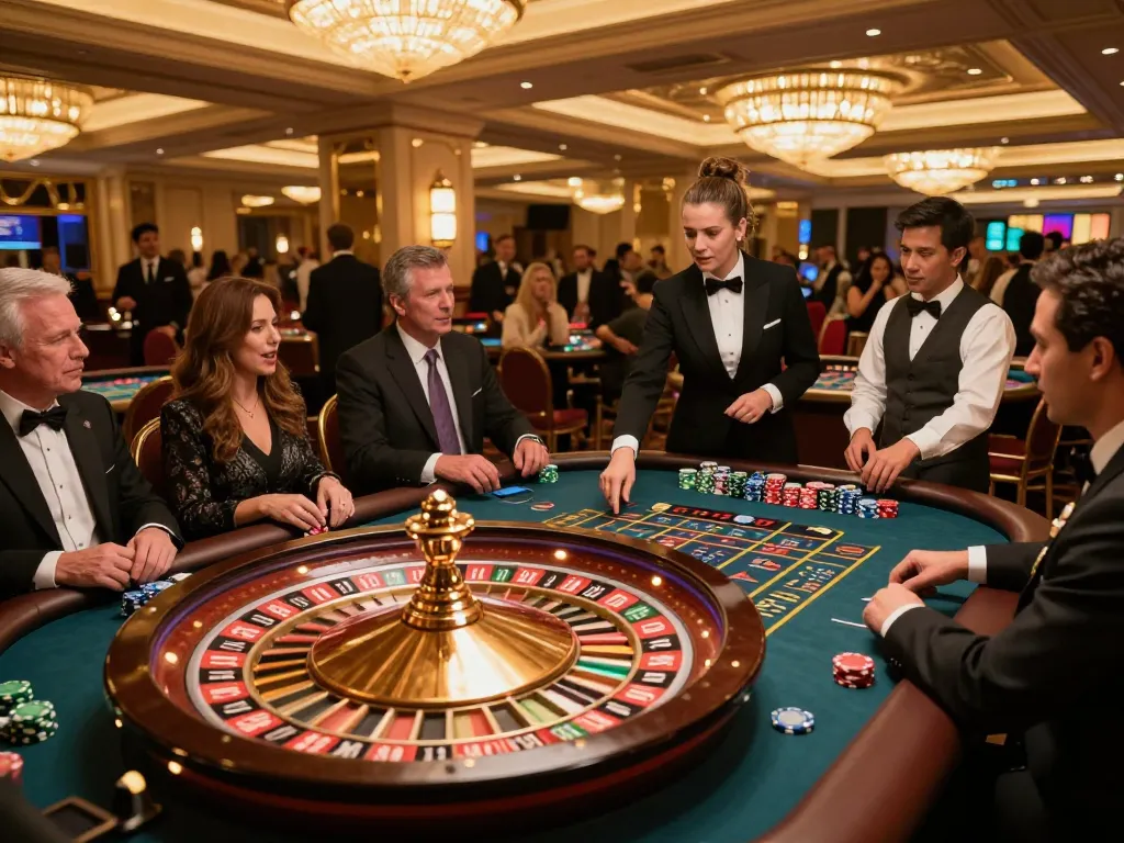 Players joyfully placing bets at the roulette table in 789WIN casino, experiencing the thrill of live gambling.