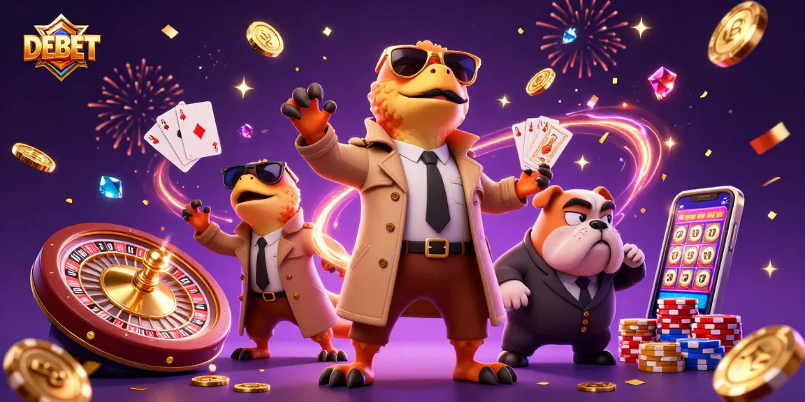 Engage with DEBET's vibrant casino scene featuring raptors in disguise, golden coins, and roulette.