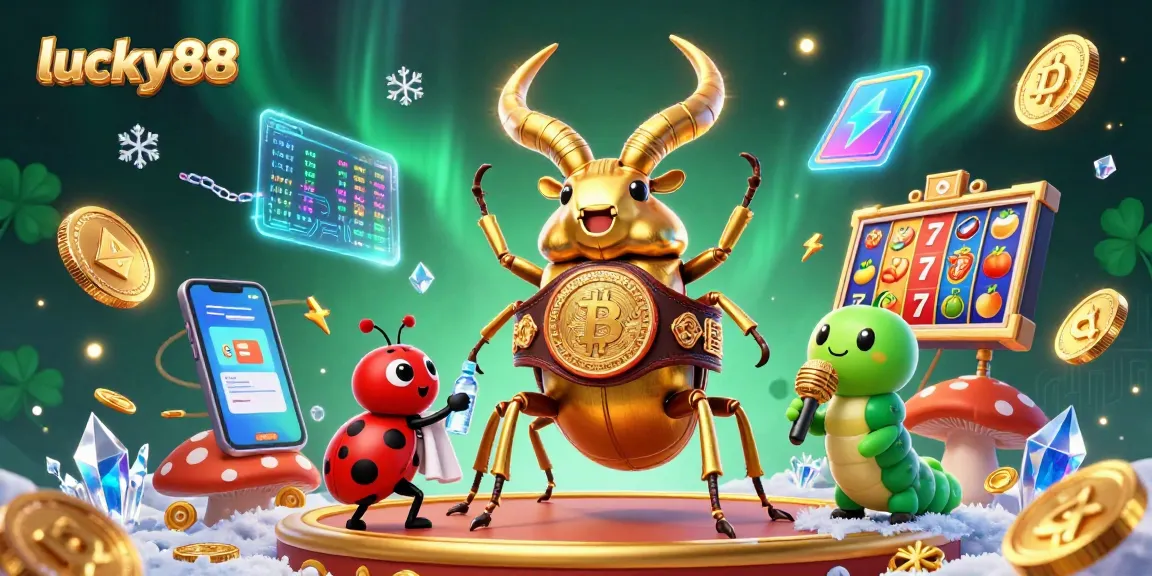 Experience lucky88 with a dynamic casino-themed illustration featuring a boxing beetle and crypto elements.