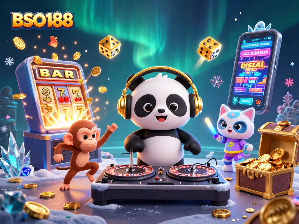 Experience the vibrant world of BSO188 with a DJ panda, a dancing monkey, and a rave kitten amidst dynamic casino elements.