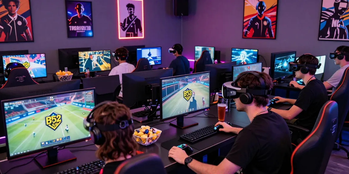 Immersive B52 gaming lounge with players enjoying high-tech gaming, showcasing vibrant atmosphere and engagement.