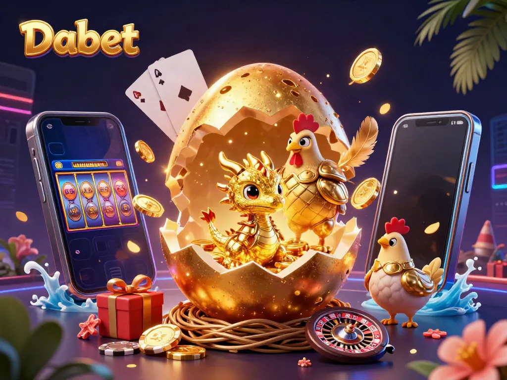 Dabet captivates with a golden baby dragon and golden hen in a vibrant casino scene surrounded by gaming elements.