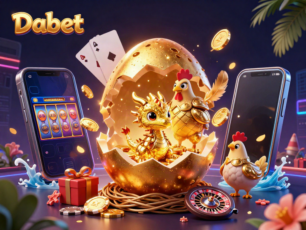 Dabet captivates with a golden baby dragon and golden hen in a vibrant casino scene surrounded by gaming elements.