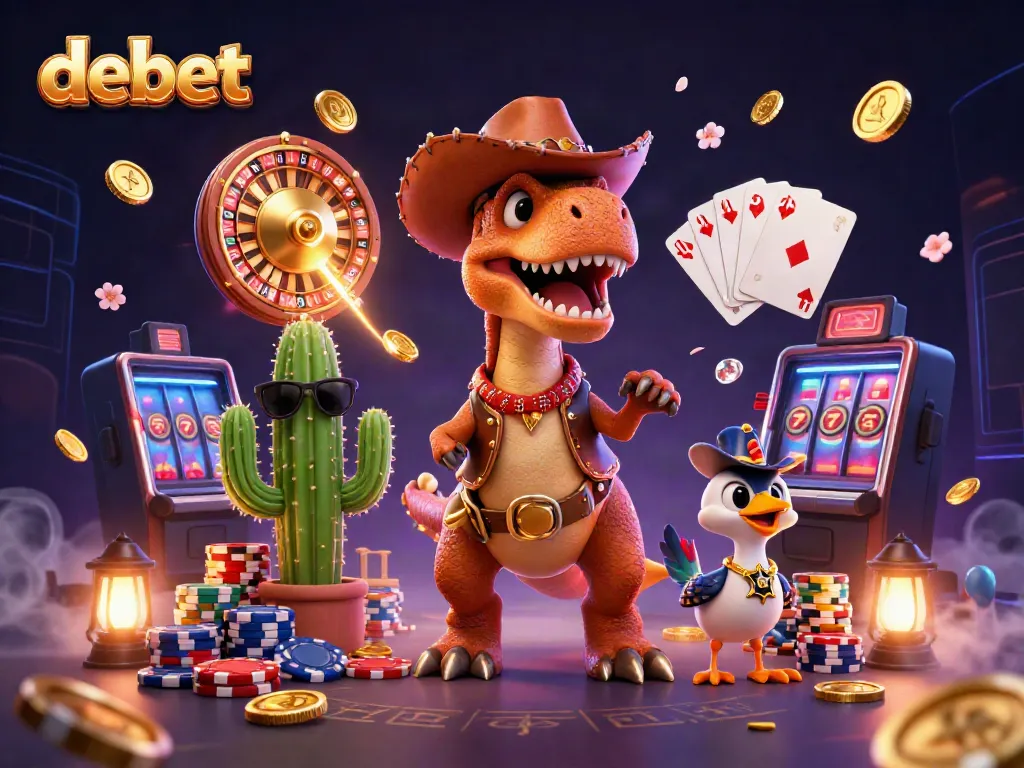 Experience thrilling gameplay with debet featuring a cowboy dinosaur, colorful chips, and dynamic casino elements.