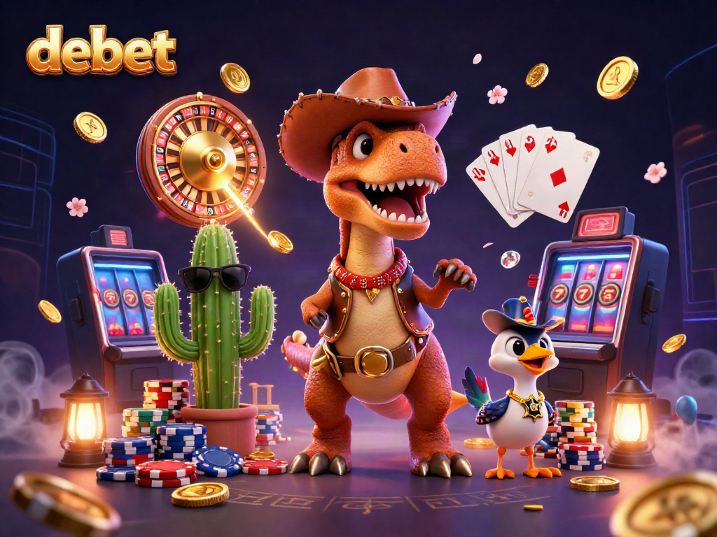 Experience thrilling gameplay with debet featuring a cowboy dinosaur, colorful chips, and dynamic casino elements.