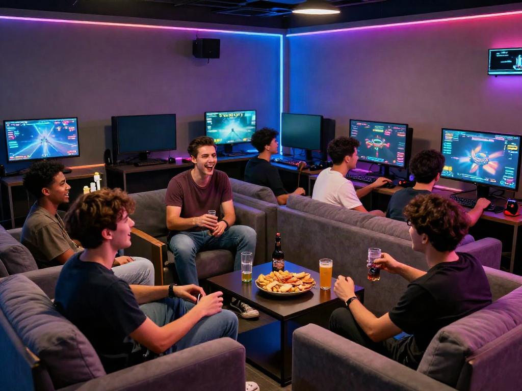 Men enjoying gaming and camaraderie at Manclub's modern lounge.