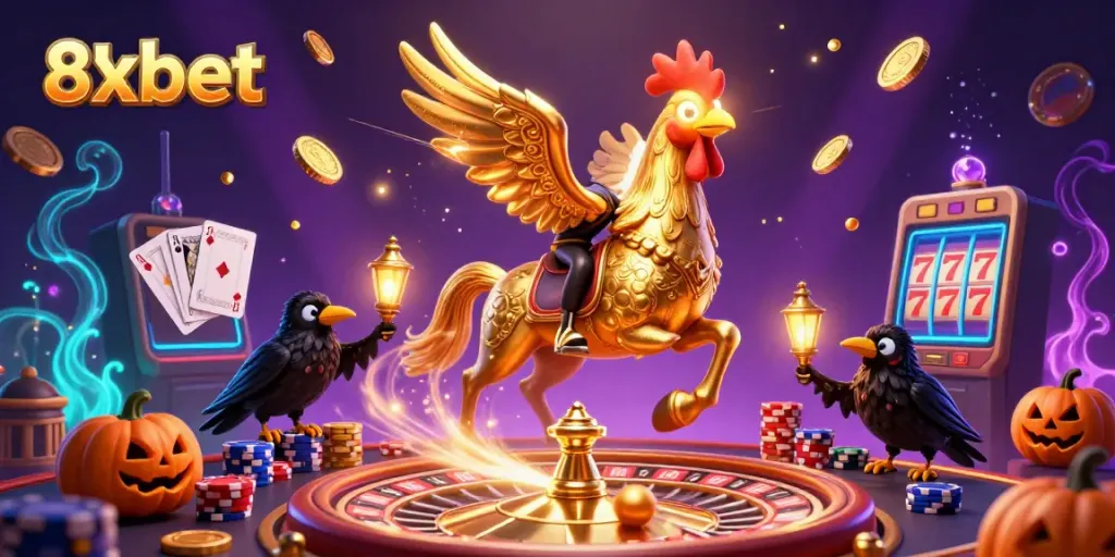 Experience the thrill of gambling with 8xbet in this vibrant casino scene featuring a golden rooster headless horseman, shimmering coins, and playing cards.