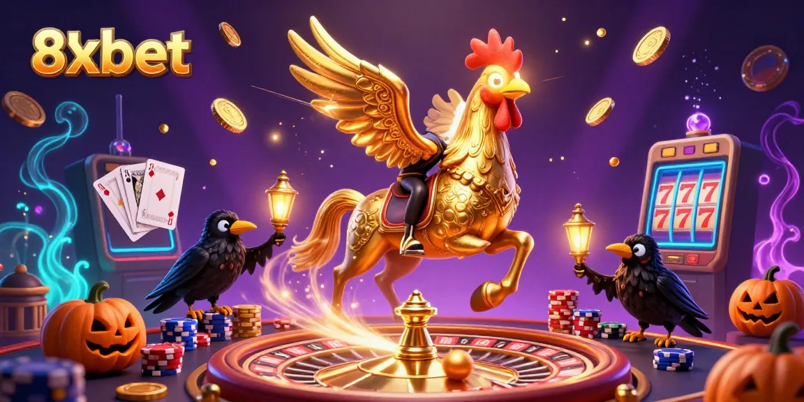 Experience the thrill of gambling with 8xbet in this vibrant casino scene featuring a golden rooster headless horseman, shimmering coins, and playing cards.