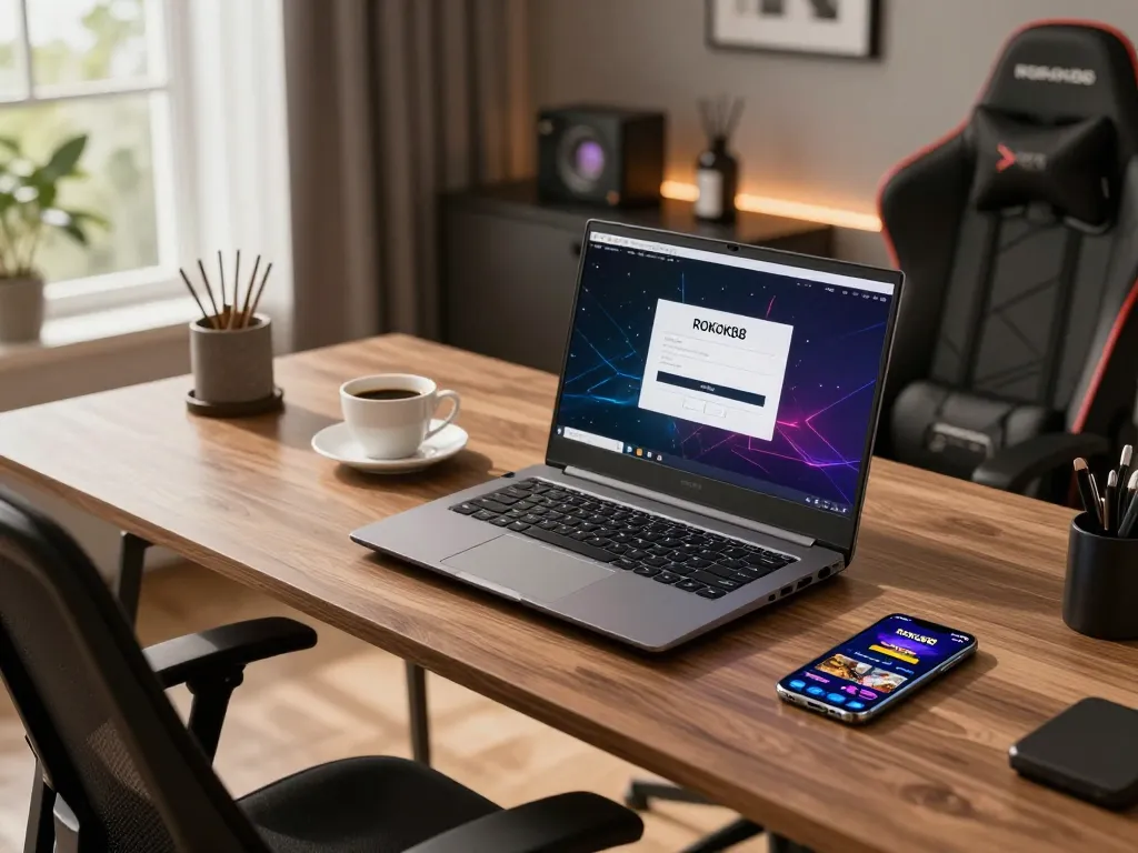 Player engaging in rokok88 login on a gaming laptop at home with a cozy atmosphere