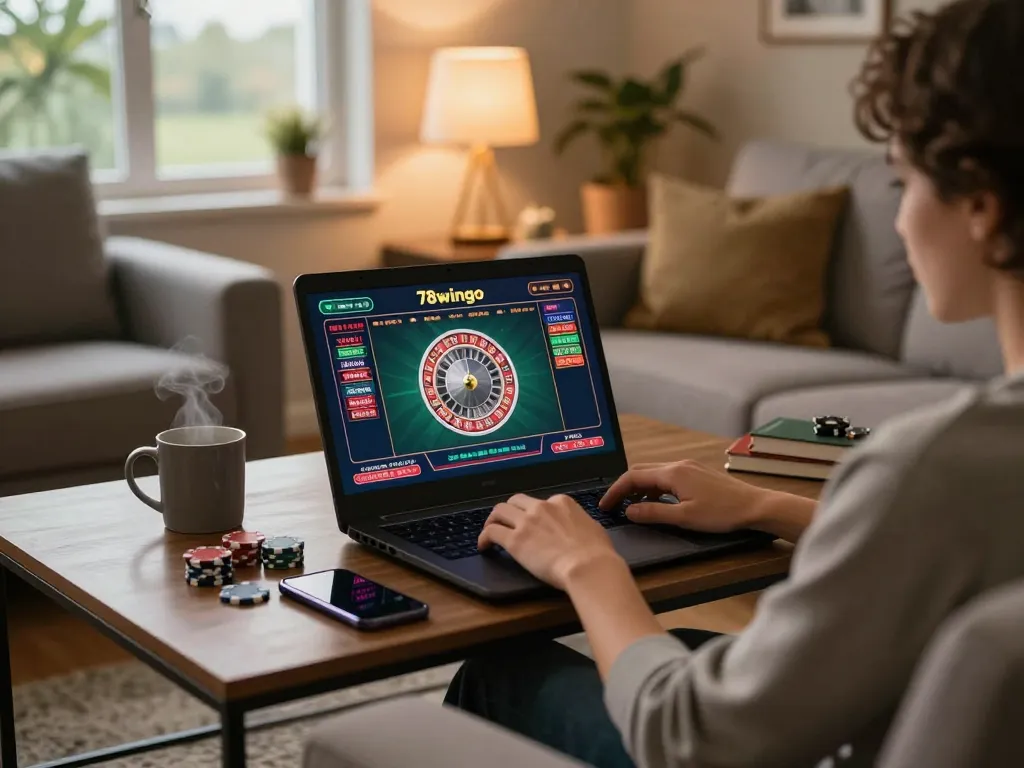 Engaging online gambling scene at 78wingo with player using laptop and vibrant roulette interface.