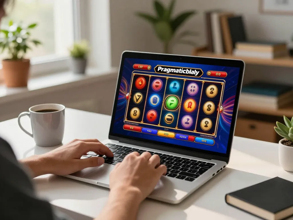 Engaging online gaming experience with Pragmaticplay slots displayed on a laptop, cozy home setting