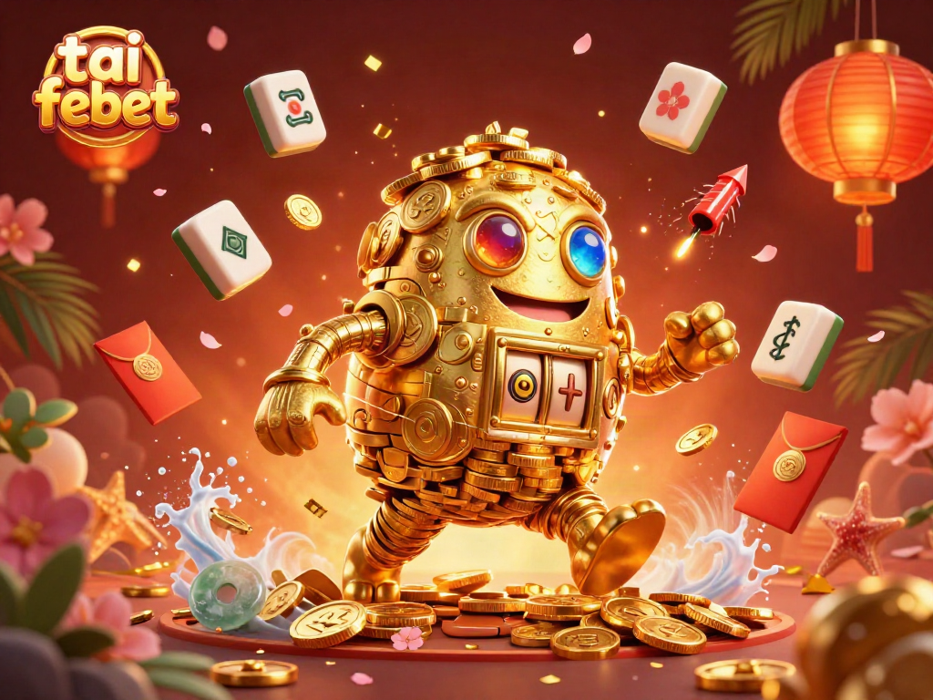 Experience the thrill of winning at tai febet with a dynamic 3D illustration showcasing an animated golem and vibrant casino-themed elements.