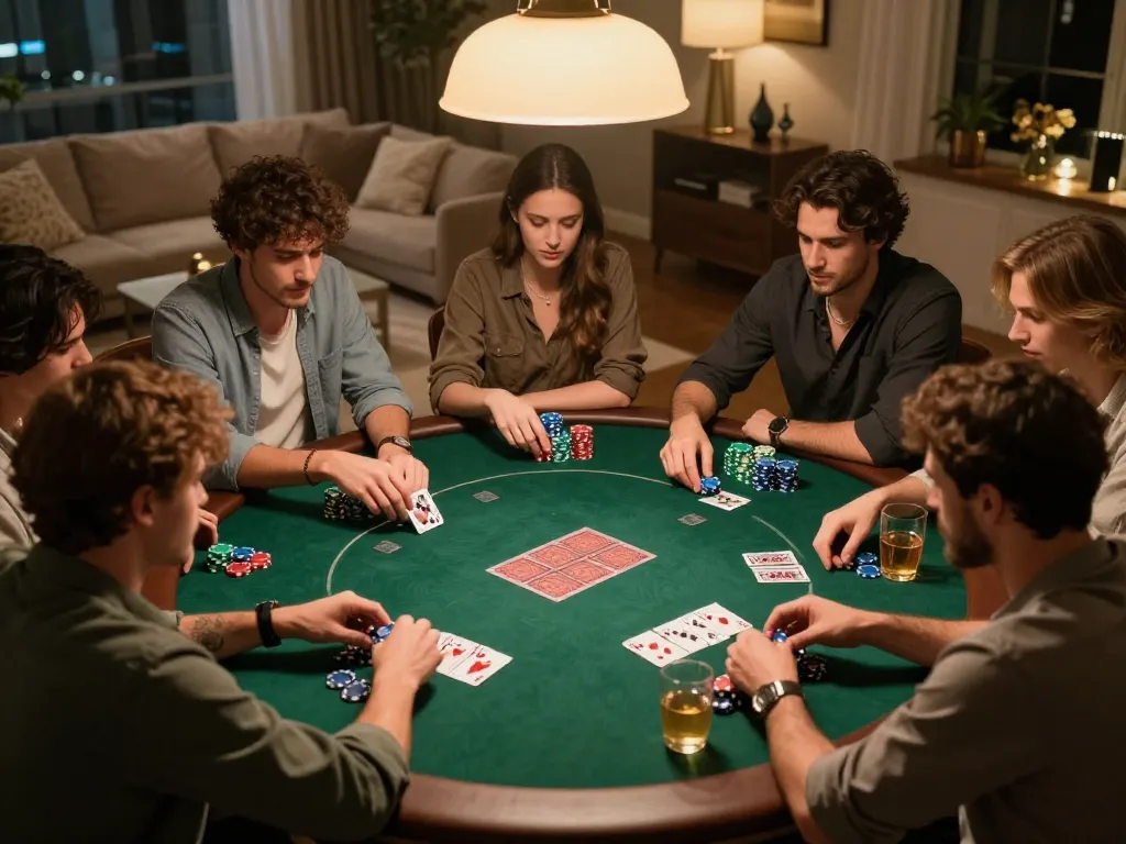 Friends enjoying kèo nhà cái hôm nay in an exciting poker night at home with chips and cards spread across the table.