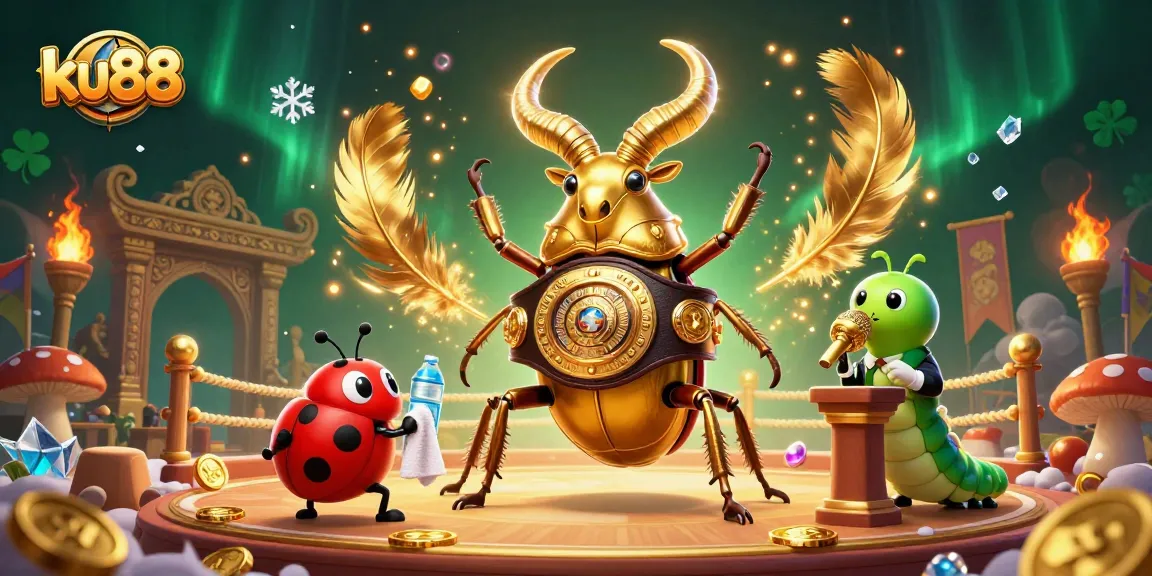 ku88 features a dynamic boxing scene with a giant stag beetle and ladybug in a casino arena.