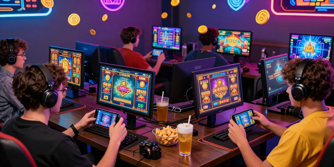 Excited gamers playing slots online with deposit tanpa minimal, vibrant atmosphere and engaging visuals.