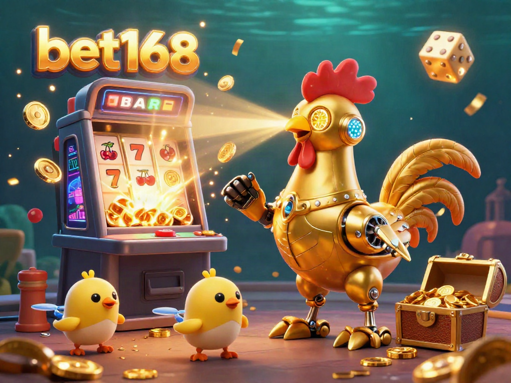 Experience excitement at bet168 with a golden rooster robot and baby chick drones in a dynamic casino scene.