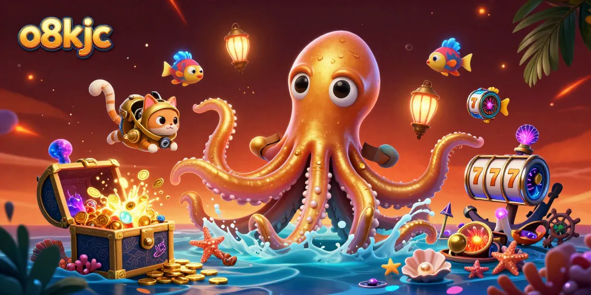 Experience the thrill of o8kjc with a kraken and diving cat amidst exploding treasure!