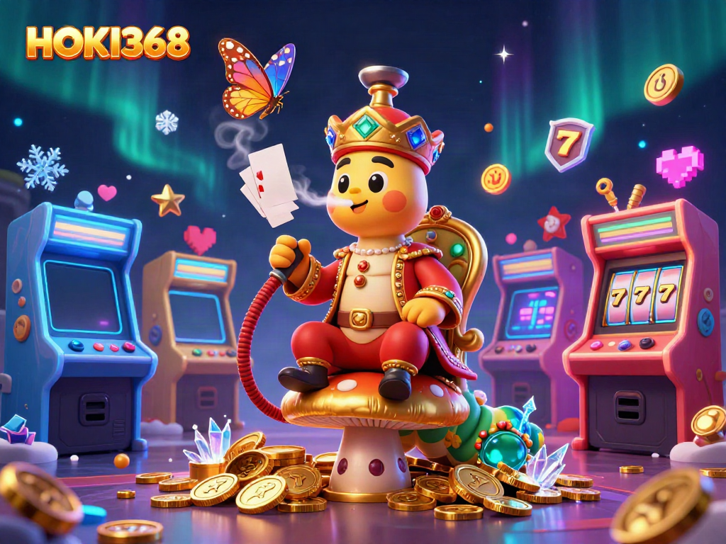 Experience HOKI368's immersive gaming with vibrant slots, glowing game machines, and enchanting characters.