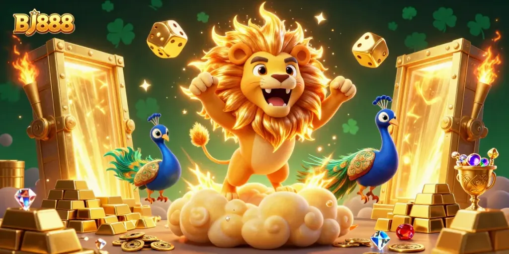 Engage with BJ888 as you explore a vibrant 3D casino scene with dazzling treasures and golden dice.