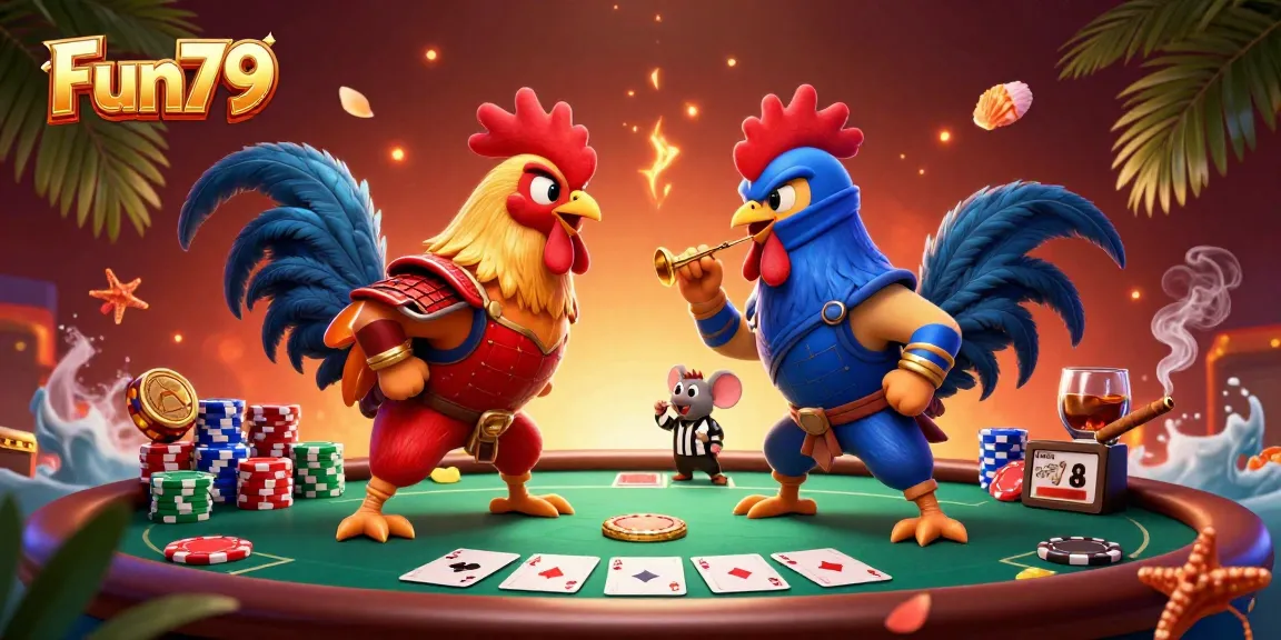 Fun79 showcases a dynamic standoff between 3D roosters in a vibrant gambling scene filled with action.