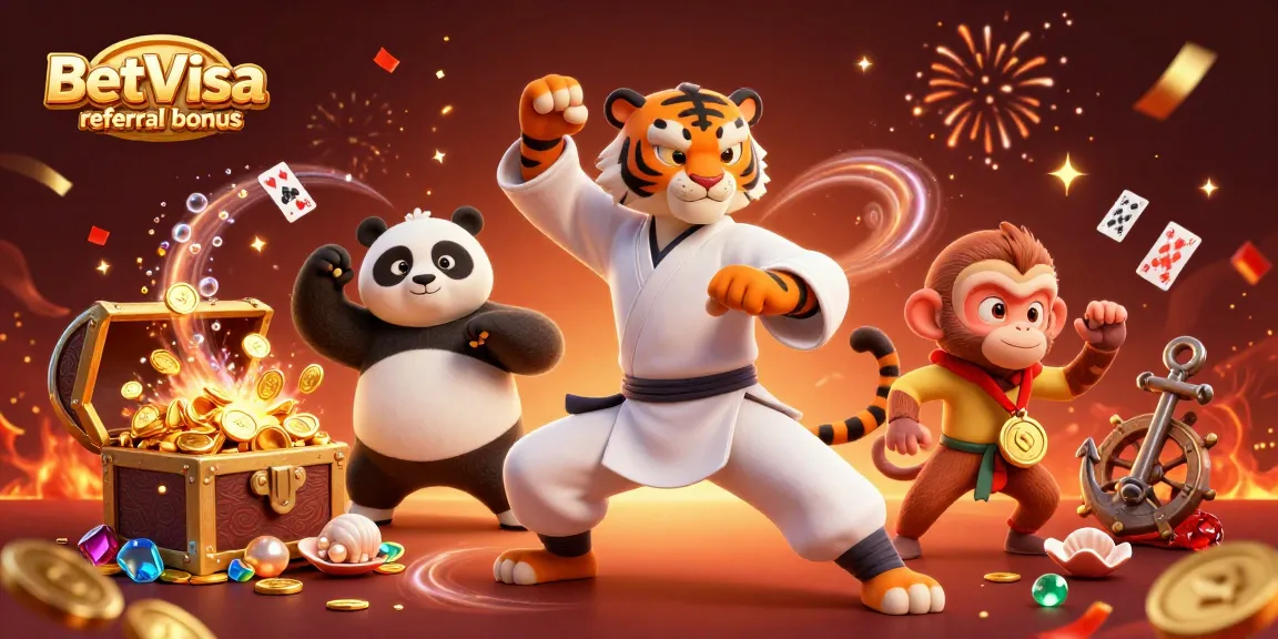 Claim the BetVisa referral bonus while enjoying a vibrant casino adventure with animated characters.