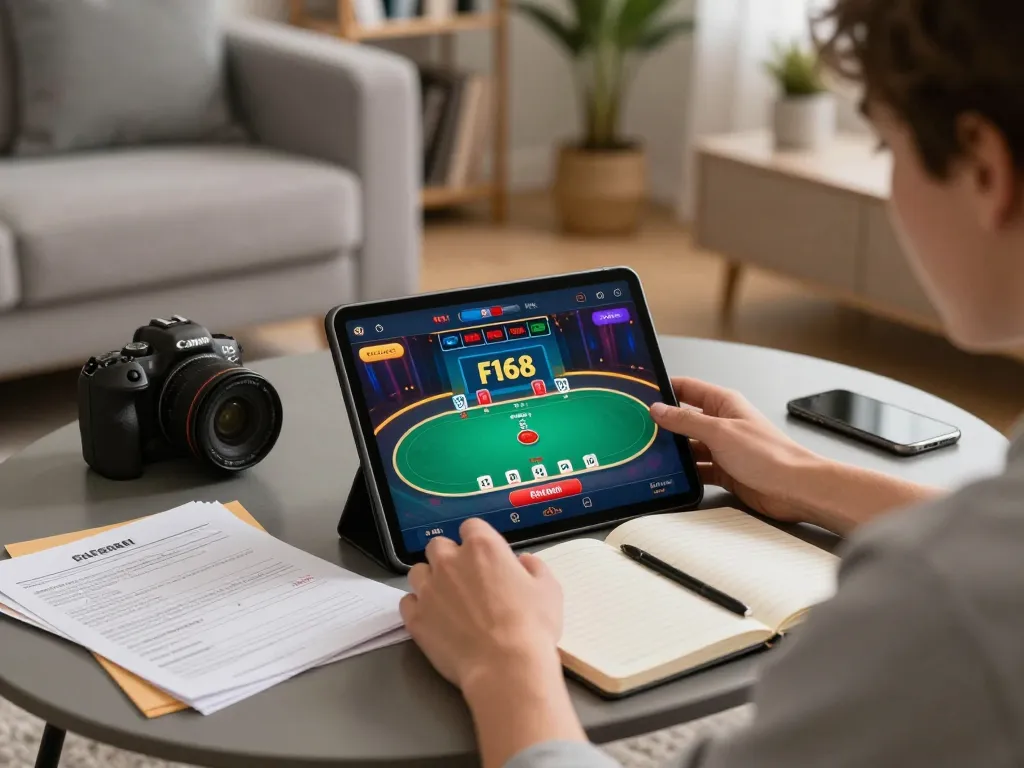 Player enjoying poker gameplay at home on F168 app tablet, cozy environment with strategy notes