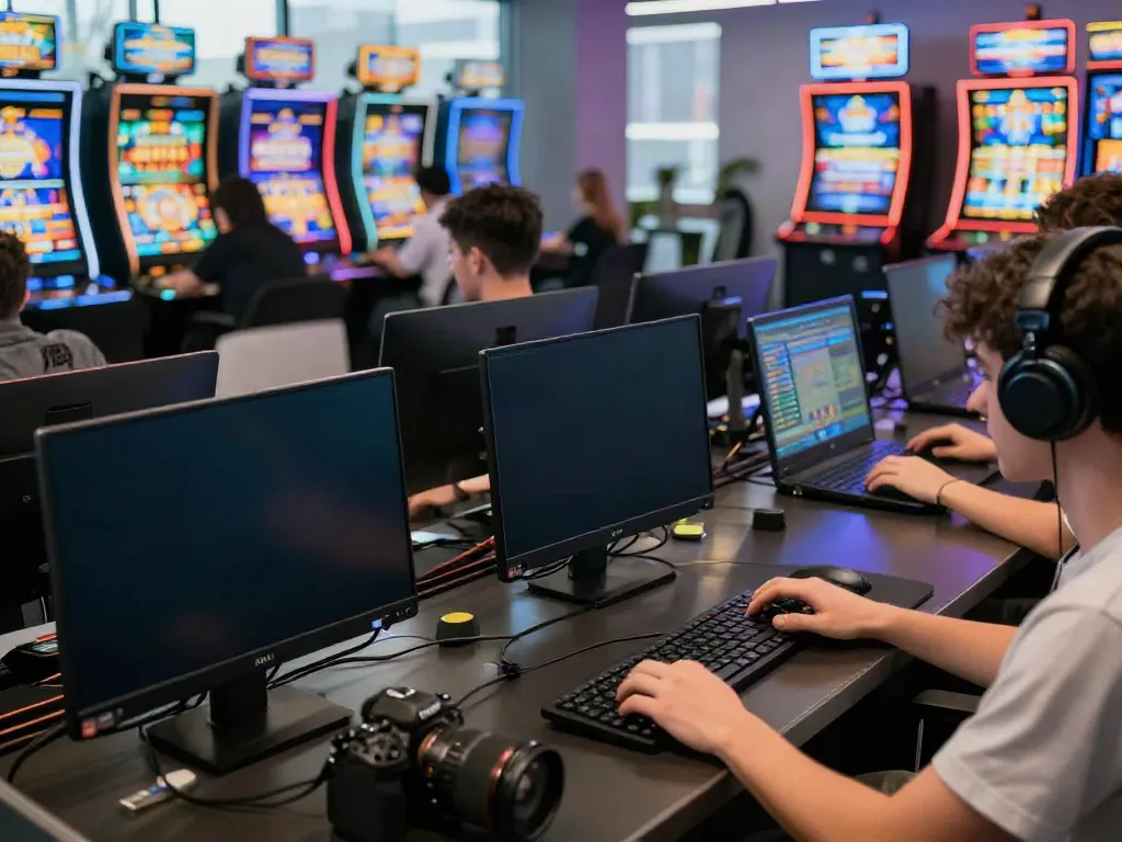 bro138 online gaming scene with players using devices engaged in slot games