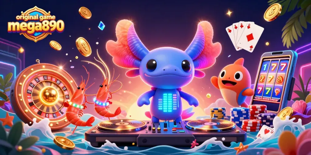 Play and win with original game mega890, an energetic casino scene of a DJ axolotl in action.