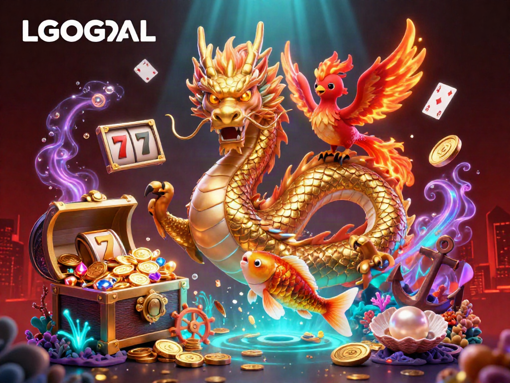 Experience thrilling gameplay with LGOGOAL through an illustrated scene of a dragon, phoenix, and koi fish amidst casino elements.