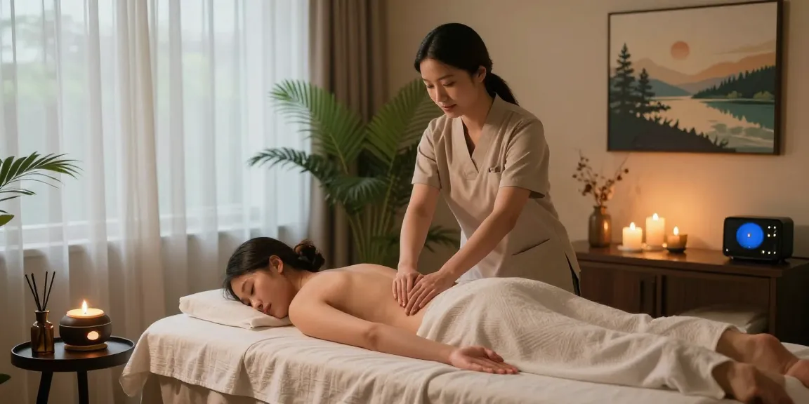 양천구출장마사지 therapist offers a relaxing massage in a serene spa room filled with calming elements.