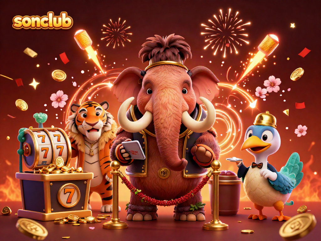 Experience thrilling wins at sonclub with a dynamic casino scene featuring unique characters and vibrant elements.