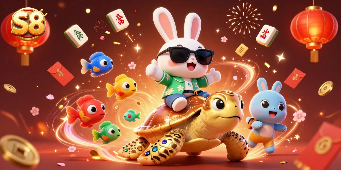 Experience thrilling gaming adventures with S8's cartoon lucky rabbit in a vibrant casino scene.