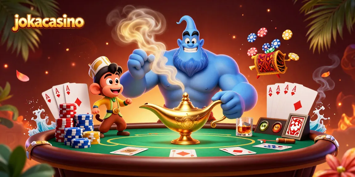 Experience the excitement at jokacasino with a vibrant 3D casino scene featuring a genie and poker elements.