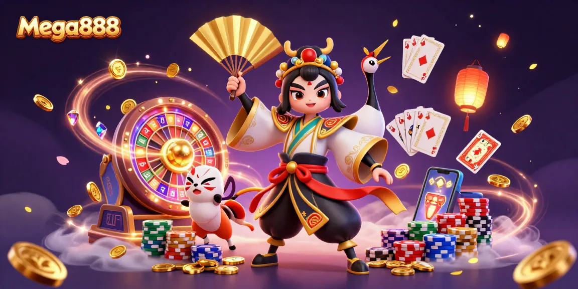 Experience winning with mega888's vibrant casino slots and dynamic characters in this 3D illustration.