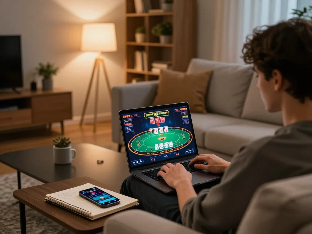 Engaging in game online from home, with a cozy setup featuring a laptop displaying casino action and strategy notes.