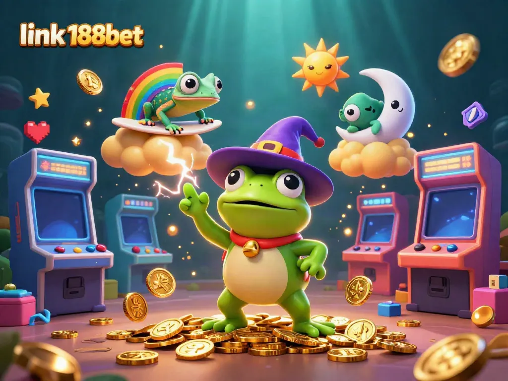 Join the fun at link 188bet with this 3D illustration of a wizard frog creating a coin storm surrounded by arcade games.