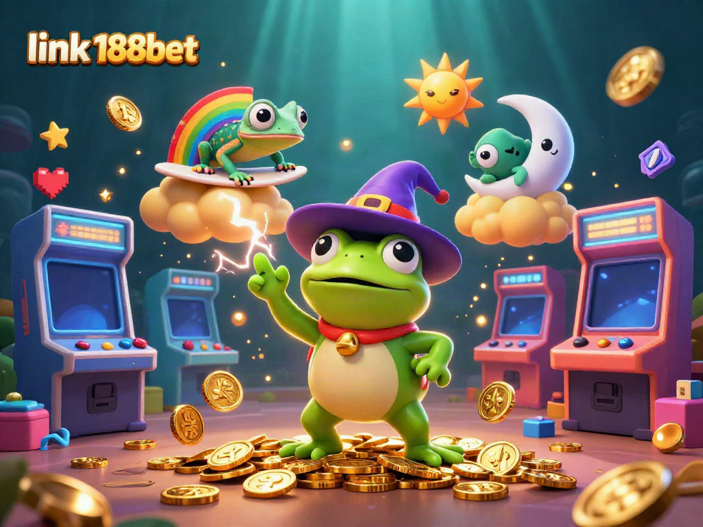 Join the fun at link 188bet with this 3D illustration of a wizard frog creating a coin storm surrounded by arcade games.
