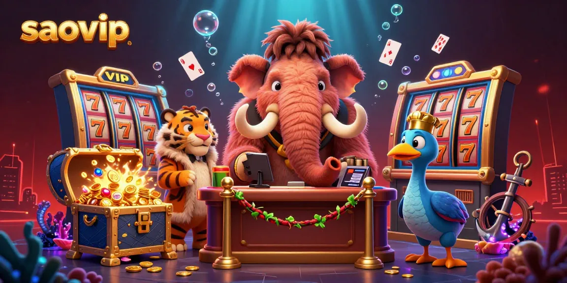 Engage with saovip's thrilling gaming experience illustrated by a vibrant scene of cartoon characters and slot machines.