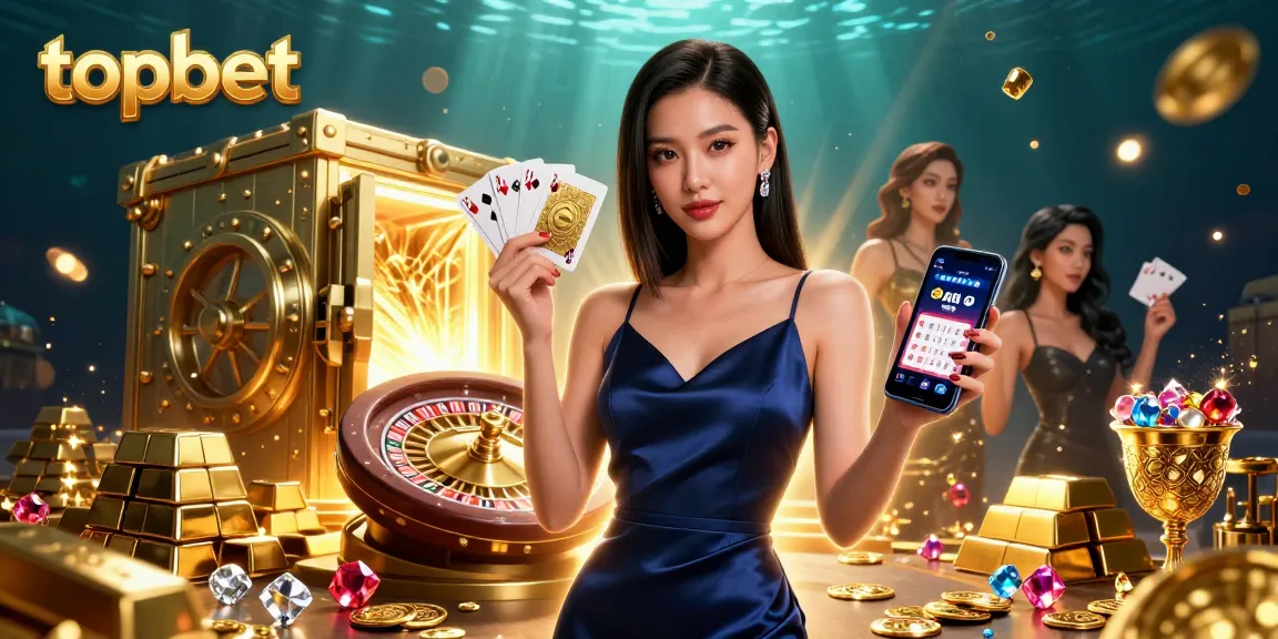 Experience thrilling gaming with topbet, featuring a stunning woman and casino elements.