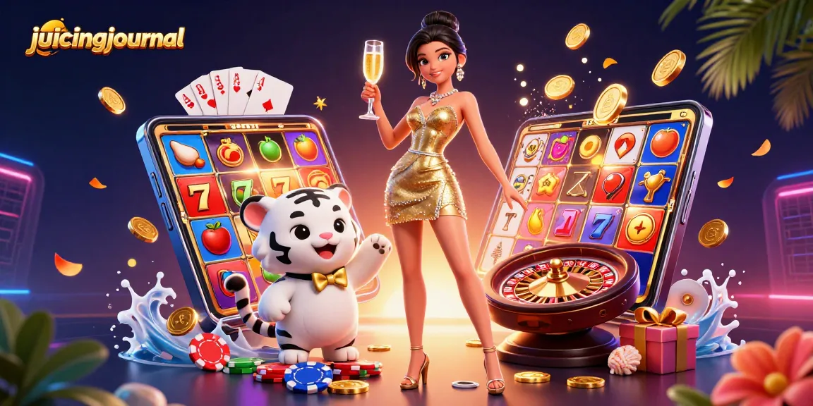 Juicingjournal showcases a glamorous woman and lucky tiger cub celebrating casino wins with vibrant slot game elements.
