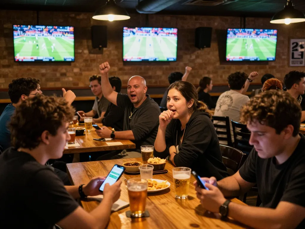 Patrons actively engaging with keonhacaii88 sports betting app during a lively sports event screening