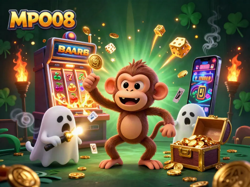 MPO08 features a mischievous monkey juggling gold in a vibrant casino scene with a curious puppy tracking it.