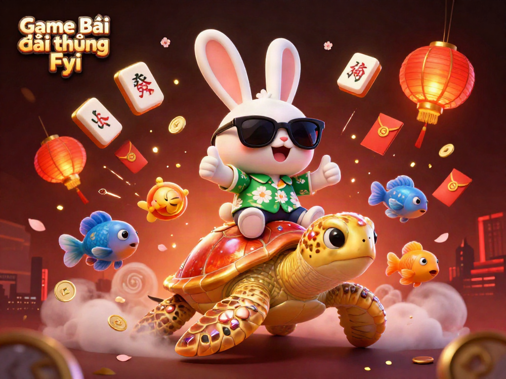 Engage in excitement with Game Bài Đổi Thưởng Fyi featuring a lucky rabbit and golden turtle in a vibrant casino scene.