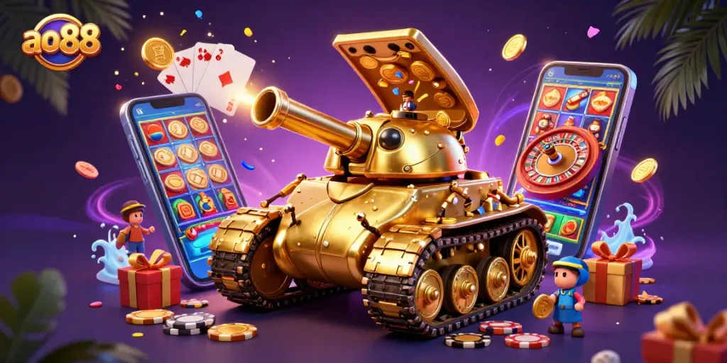 Engage with ao88 casino experiences through a vibrant illustration of a golden beetle tank unveiling a mini casino.