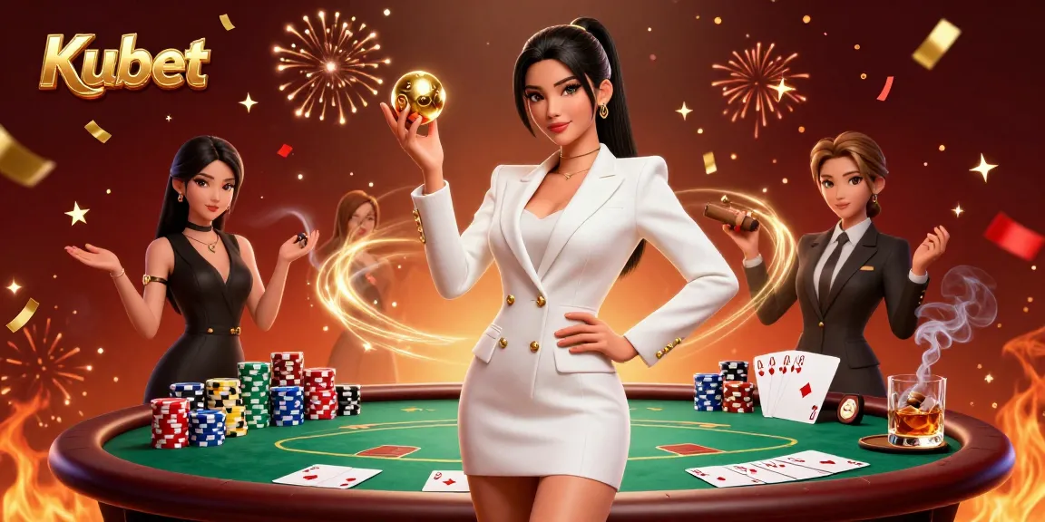 Kubet offers an exhilarating casino experience with a graceful Asian woman posing confidently while displaying poker elements and gold accents.